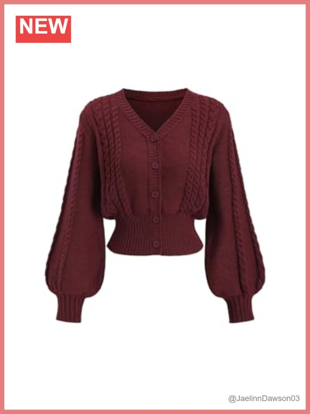 Women's Cable Knit Button Up Crop Cardigan with Lantern Long Sleeves